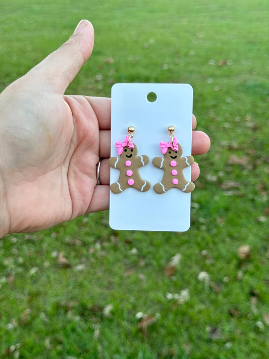 Bow Gingerbread Dangle Clay Handmade Earrings
