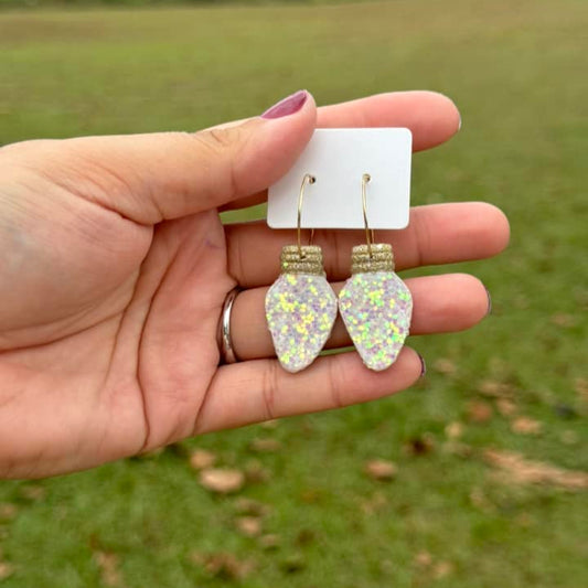 White Glitter Christmas Light Dangle Clay Handmade Earrings