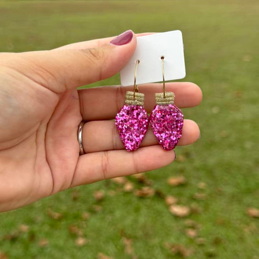 Pink Glitter Christmas Light Dangle Clay Handmade Earrings