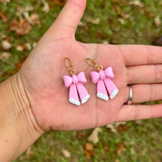 Pink Christmas Bows Dangle Clay Handmade Earrings