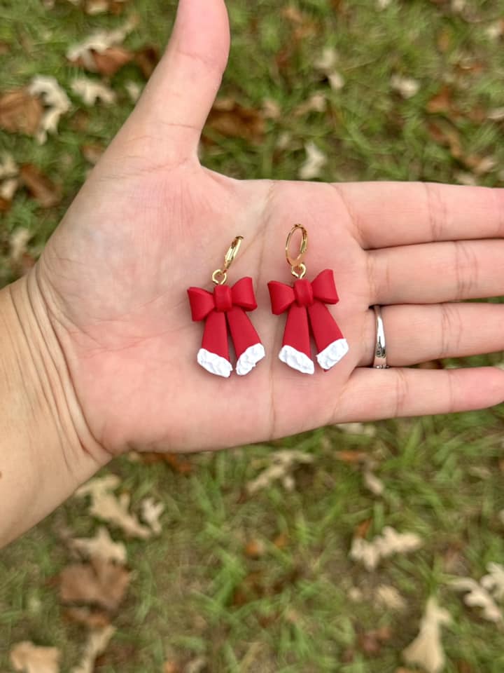 Red Christmas Bows Dangle Clay Handmade Earrings