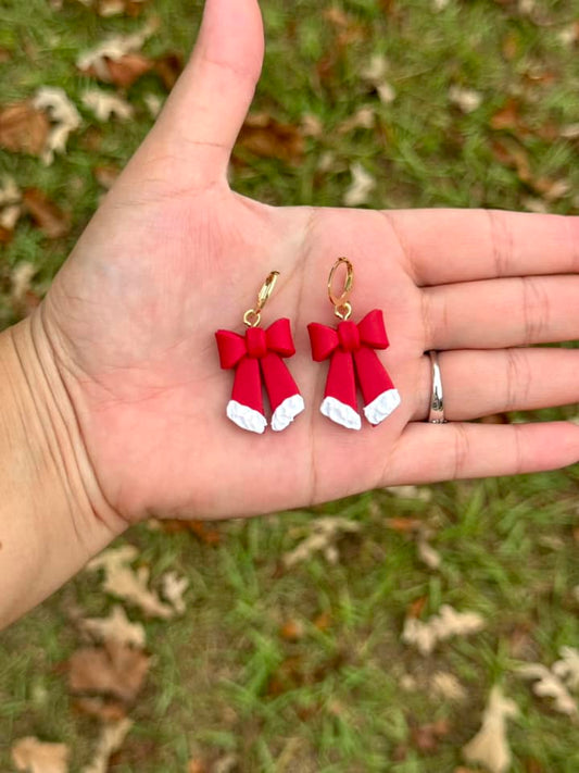 Red Christmas Bows Dangle Clay Handmade Earrings