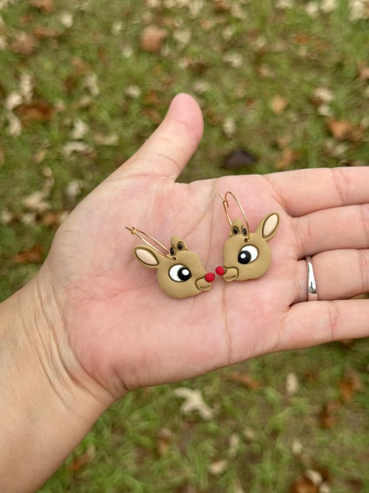Christmas Reindeer Dangle Clay Handmade Earrings