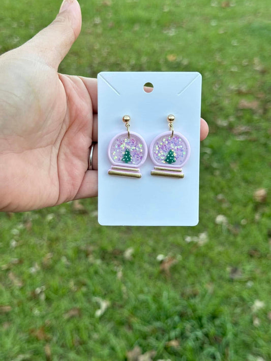 Tree Snow Globes Dangle Clay Handmade Earrings