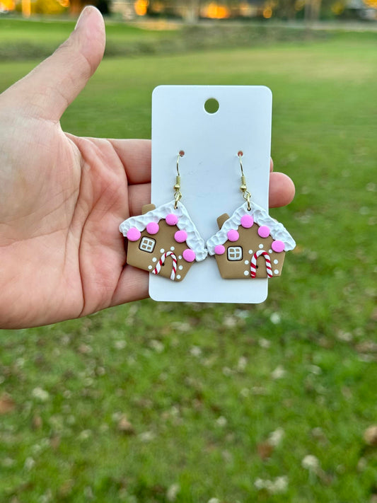 Gingerbread House Dangle Clay Handmade Earrings