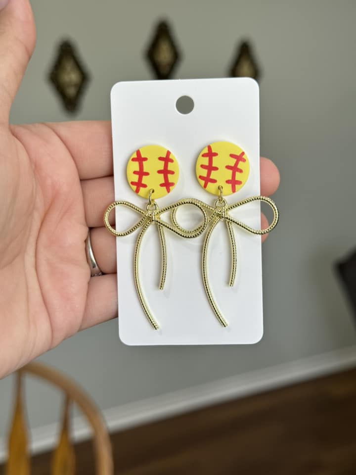 Softball Gold Bow Dangle Clay Handmade Earrings