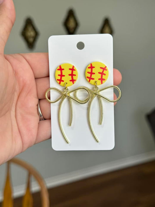 Softball Gold Bow Dangle Clay Handmade Earrings