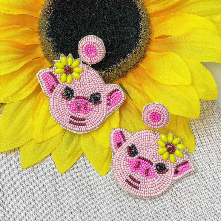 Sunflower Pig Beaded Dangle Earrings