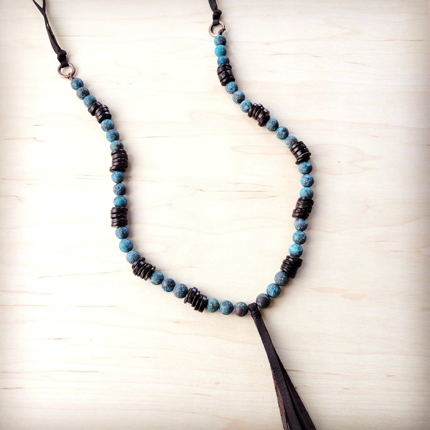 **Natural American Turquoise Necklace w/ Wood Beads & Tassel 262i