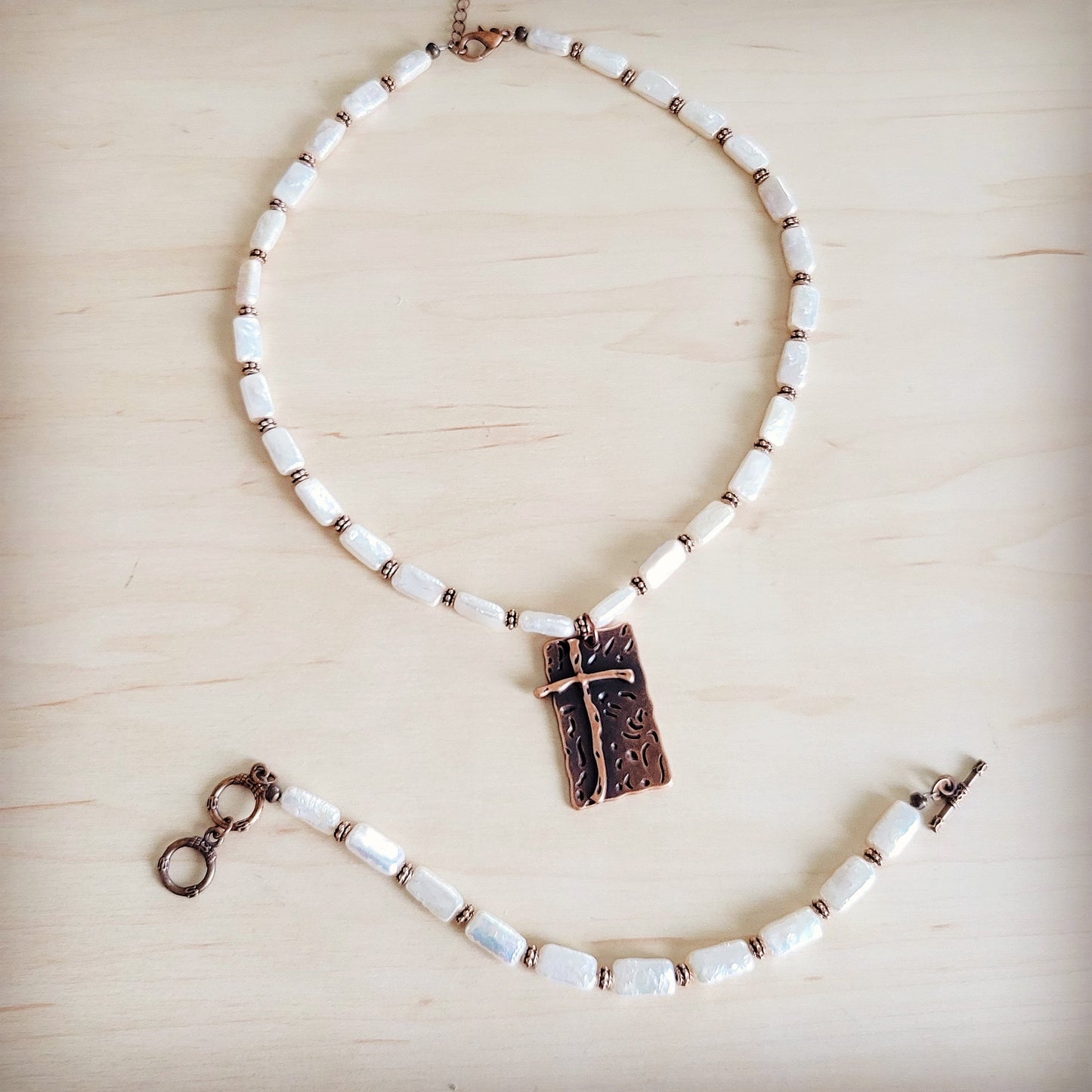Rectangle Freshwater Pearl & Copper Necklace w/ Antique Cross Pendant 264a