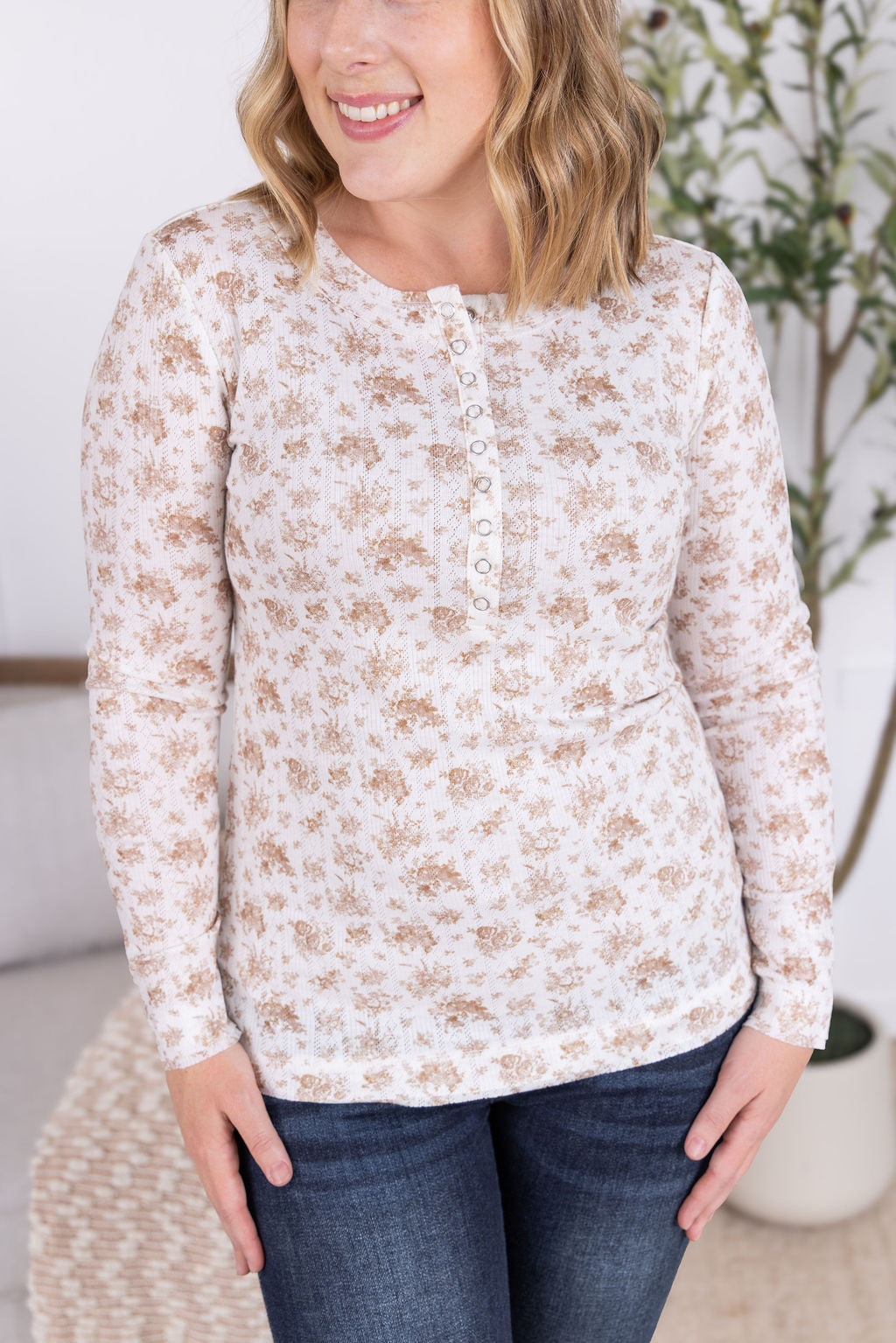 IN STOCK Button Snap Henley Top - Tan Micro Floral FINAL SALE