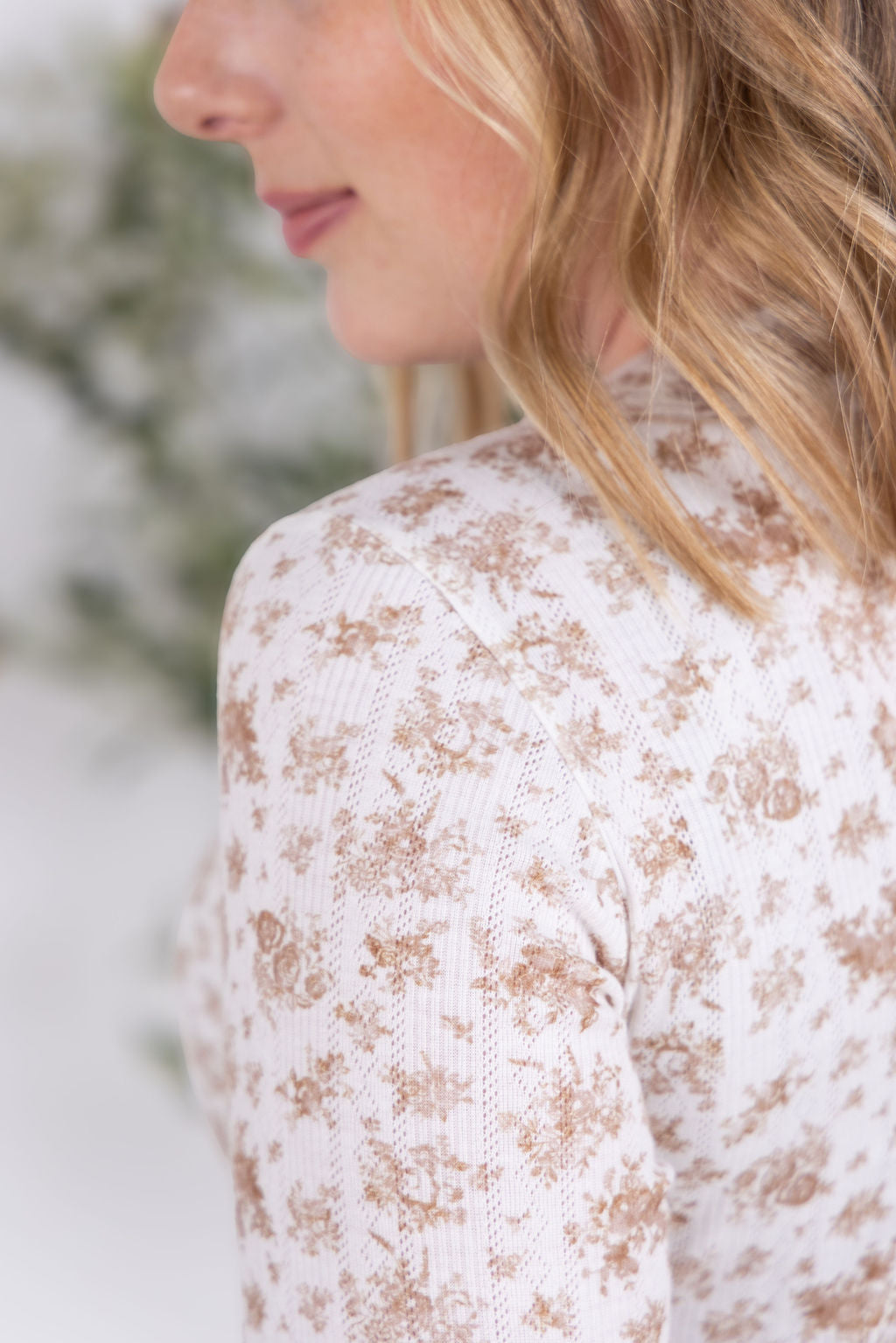 IN STOCK Button Snap Henley Top - Tan Micro Floral FINAL SALE