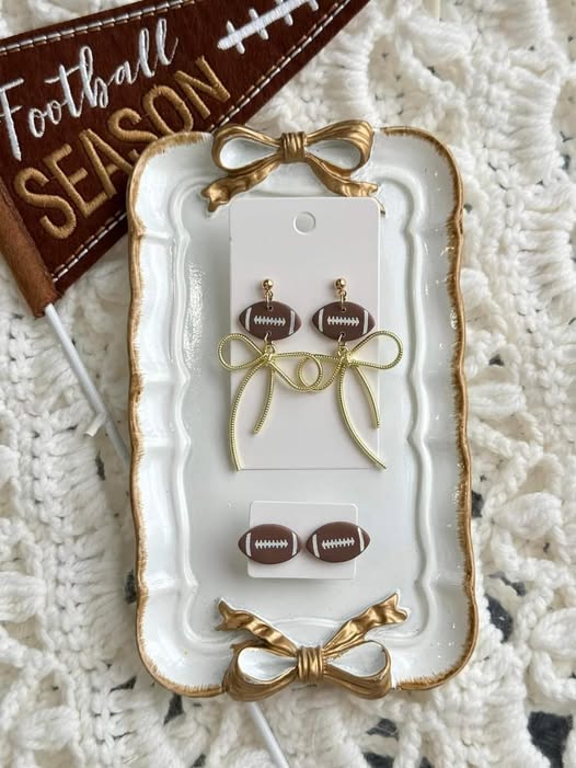 Football Gold Bow Dangle & Stud Clay Handmade Earrings