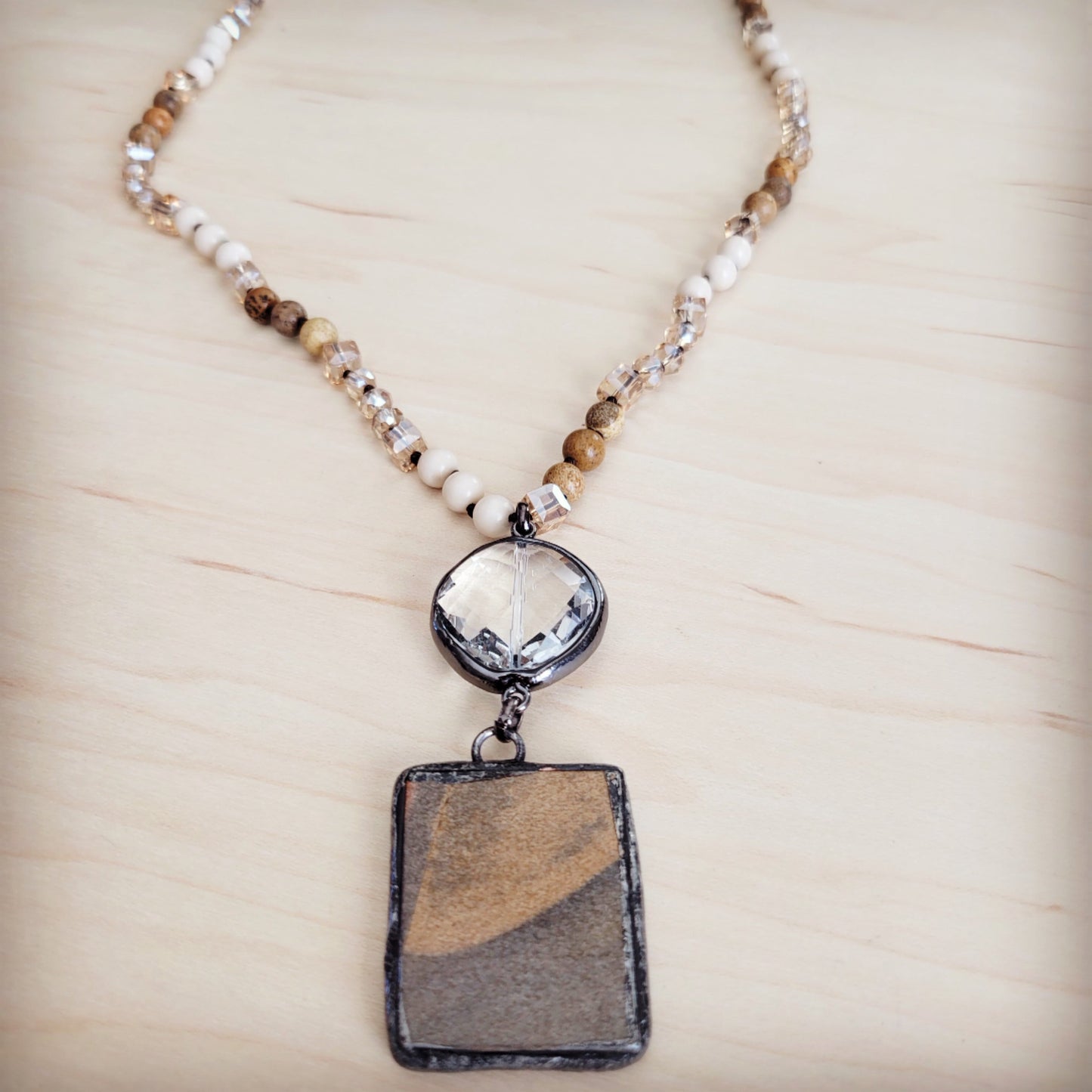 **Picture Jasper & Crystal Long Beaded Necklace w/ Jasper Pendant 262t
