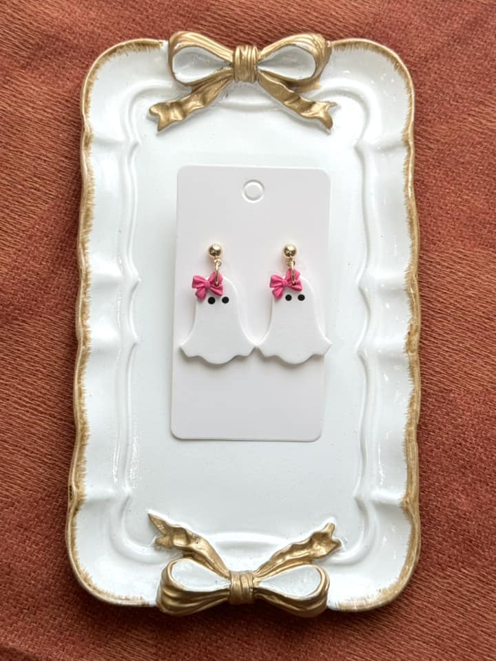 Ghost Bow Dangle Clay Handmade Earrings