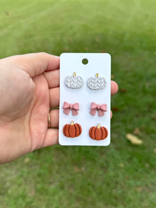 Fall Pumpkin Bow Stud Clay Handmade Earring Set