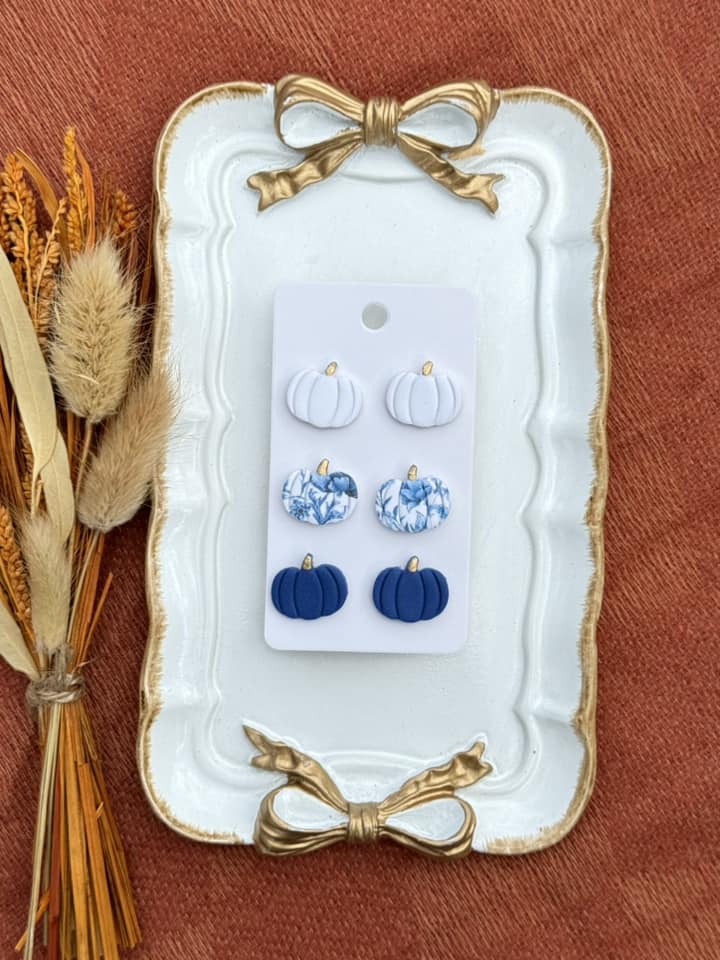 Blue Pumpkin Stud Clay Handmade Earring Set