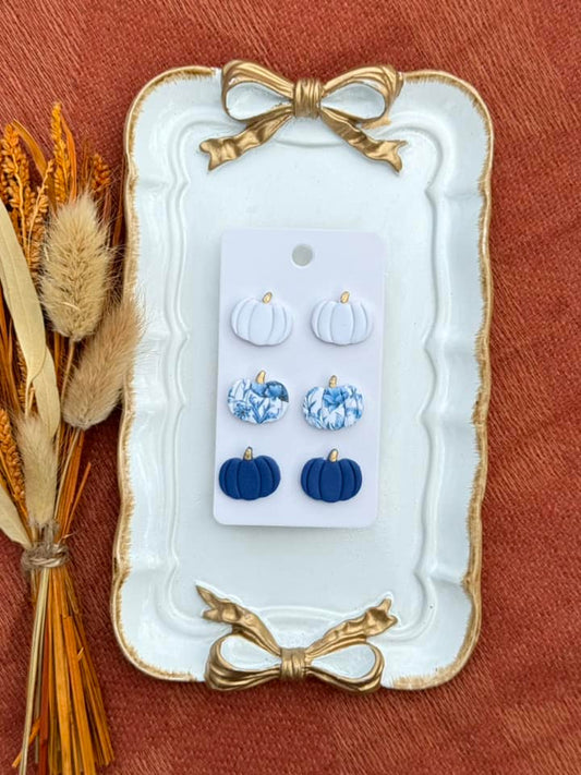 Blue Pumpkin Stud Clay Handmade Earring Set