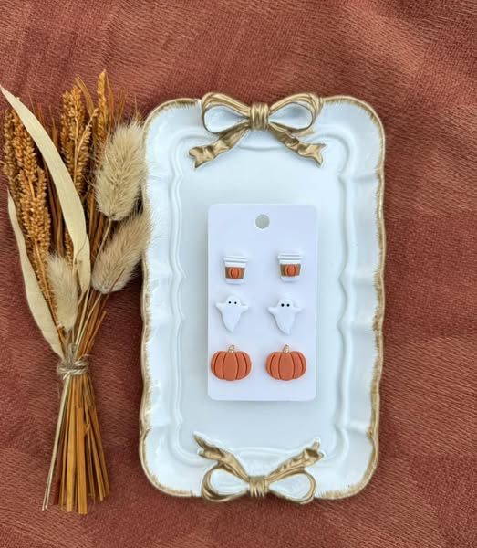 Pumpkin Boo Coffee Stud Clay Handmade Earring Set