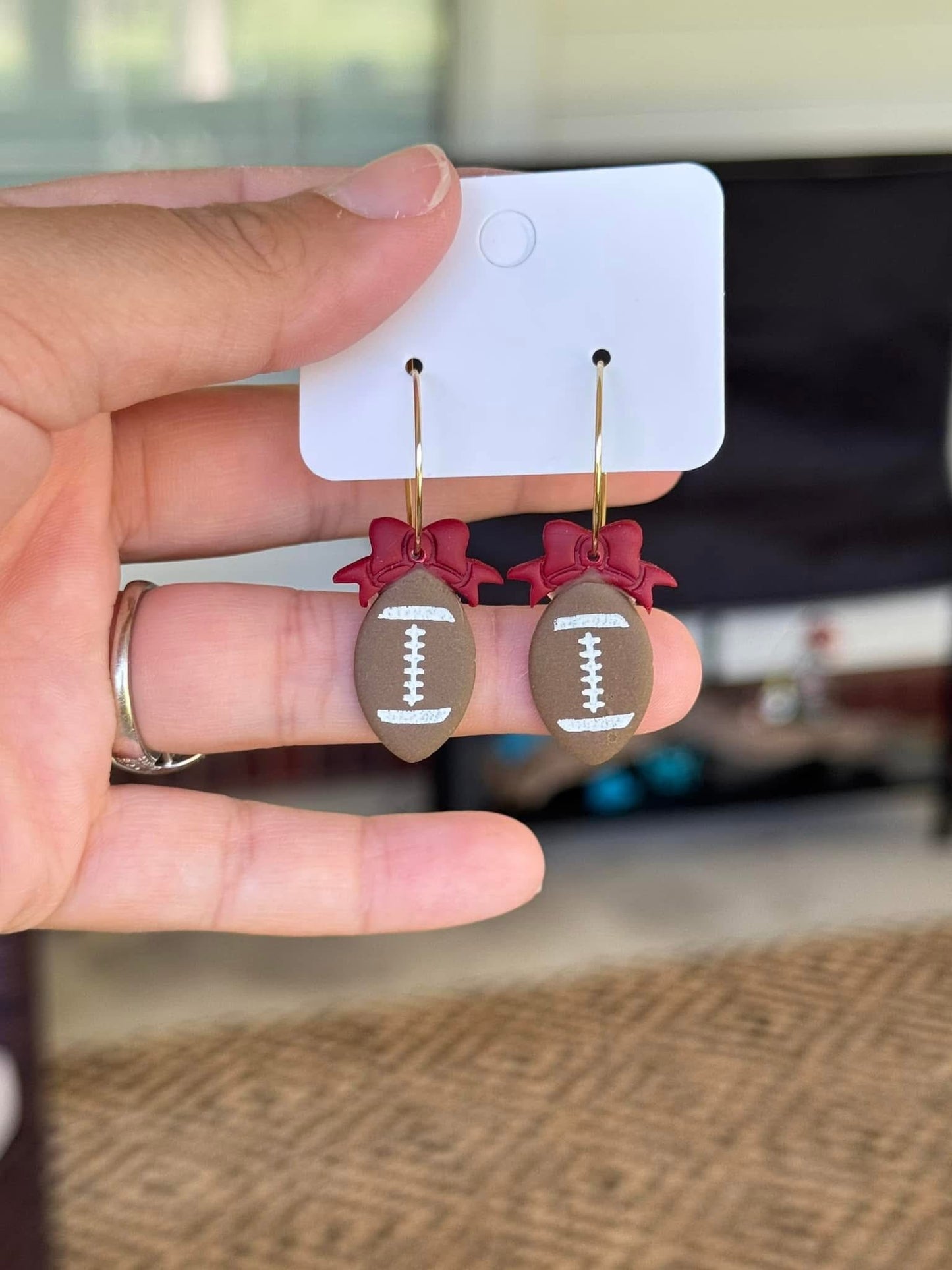 Football Bow Dangle Clay Handmade Earrings