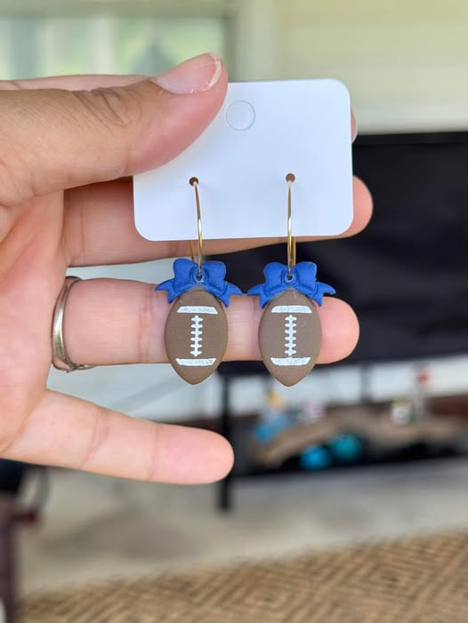 Football Bow Dangle Clay Handmade Earrings