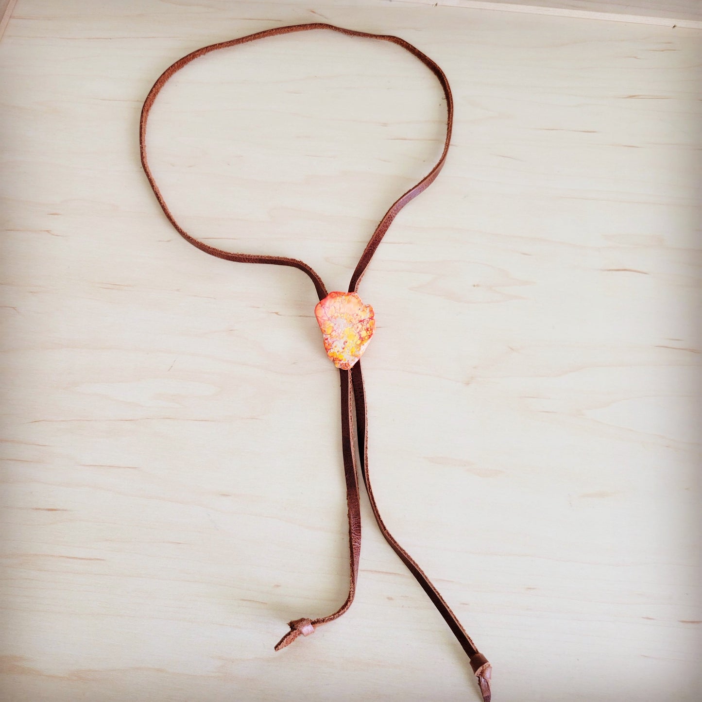 Leather Lariat Boho Necklace w/ Orange Regalite Slab Accent 264g