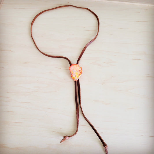 Leather Lariat Boho Necklace w/ Orange Regalite Slab Accent 264g