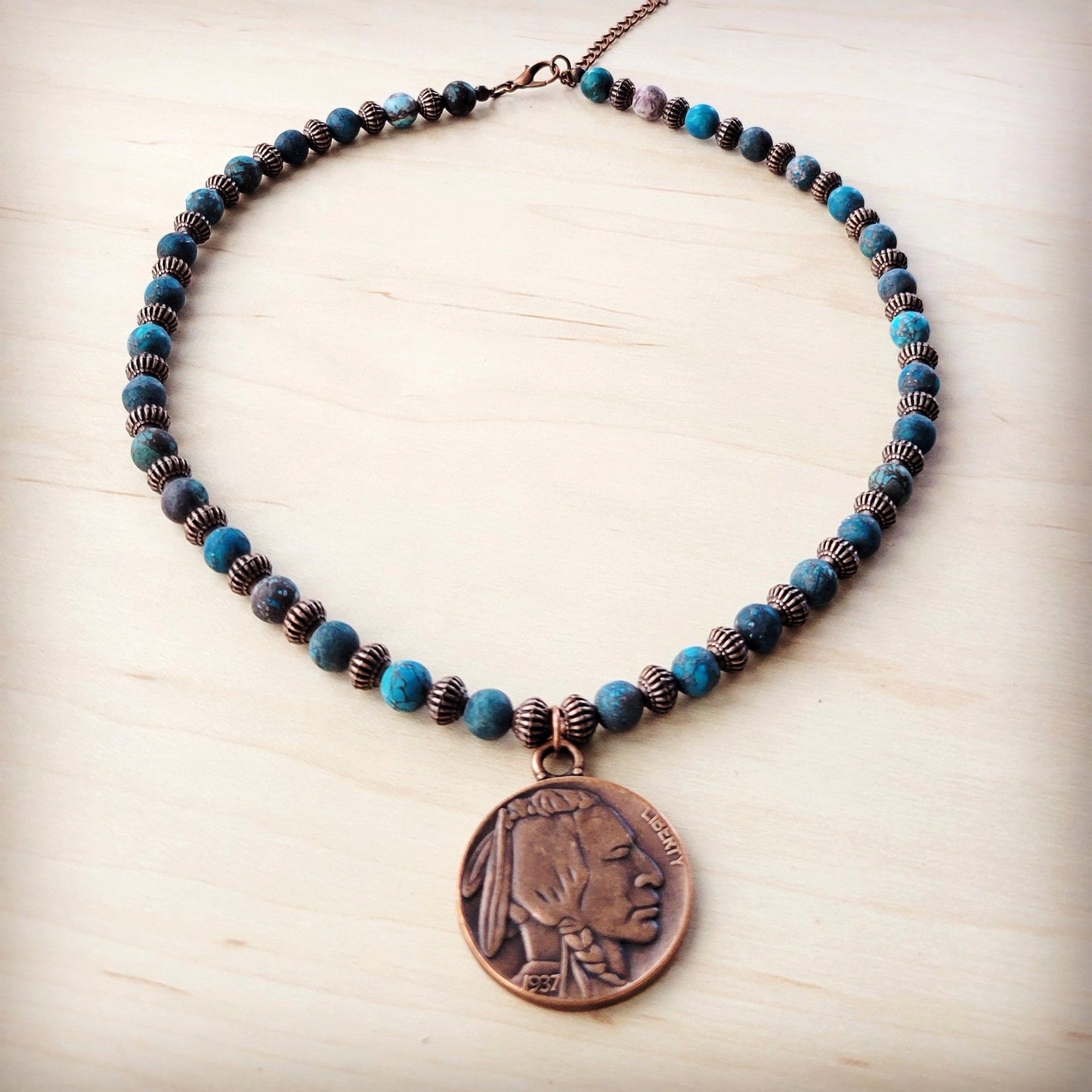 **Natural American Turquoise Beaded Collar Necklace w/ Indian Head Pendant 262h