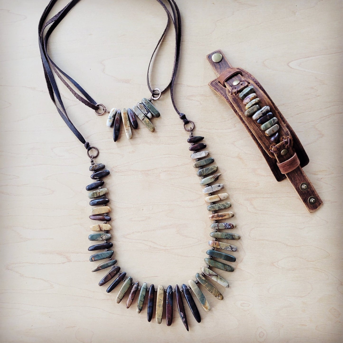 Picasso Jasper Slab Necklace w/ Genuine Leather Ties 261g