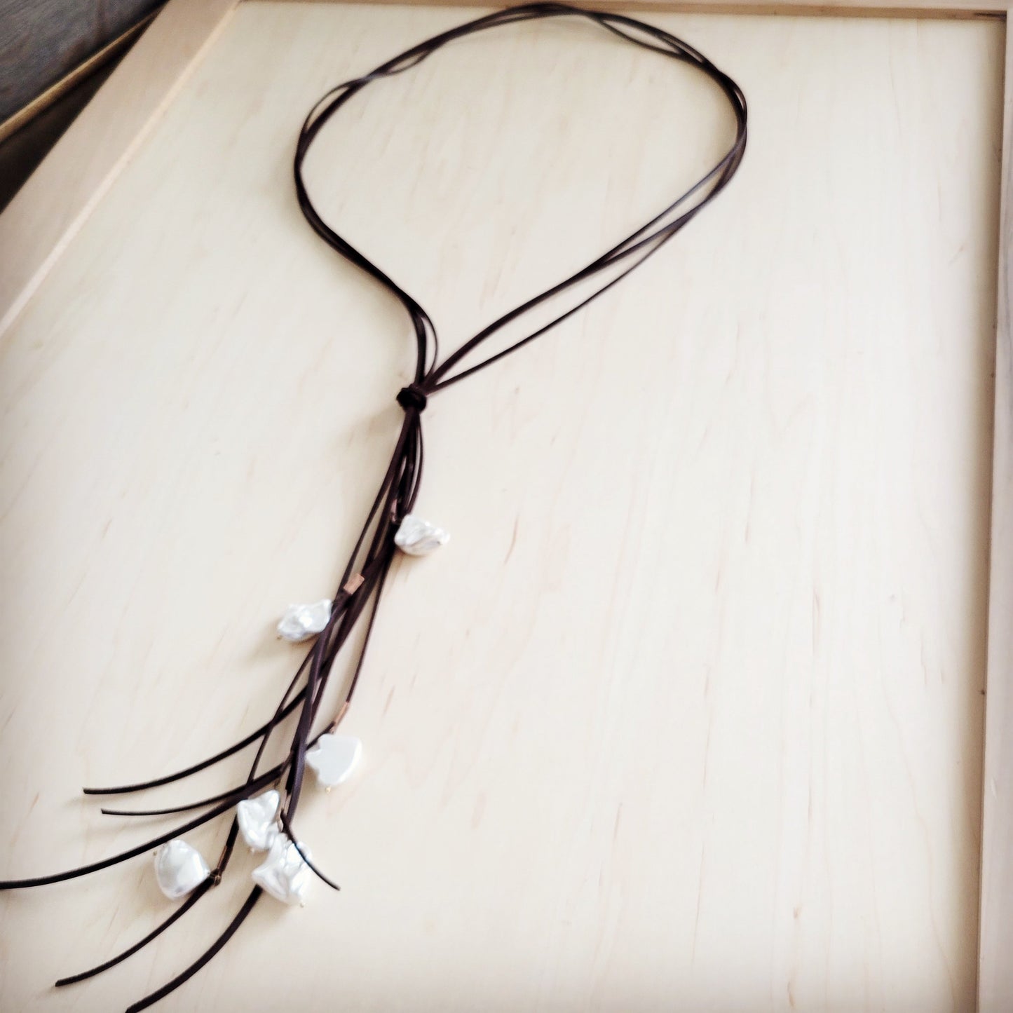 Dark Brown Boho Knotted Leather Cord Necklace w/ Pearls 263w