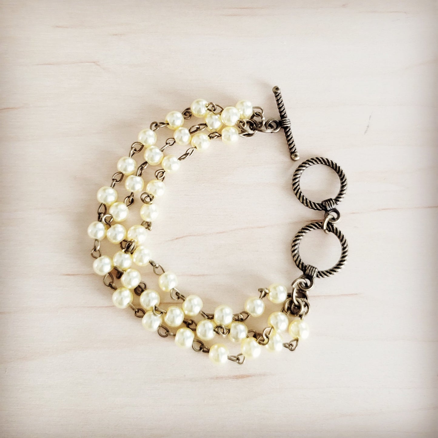Champagne Pearl Triple Strand Beaded Bracelet 812a
