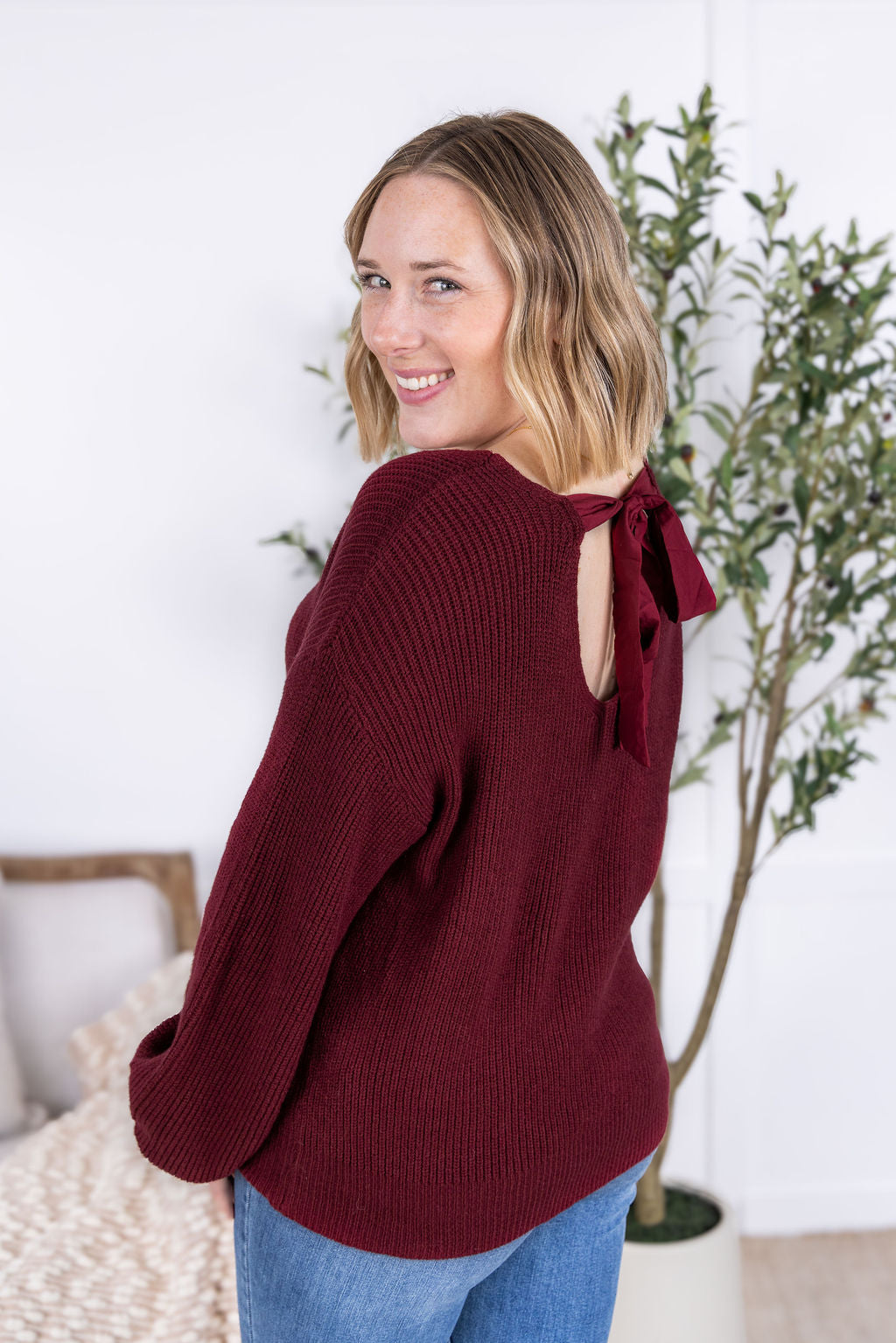 IN STOCK Bethany Bow Knit Sweater - Burgundy FINAL SALE