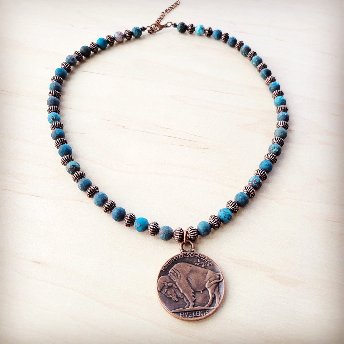 **Natural American Turquoise Beaded Collar Necklace w/ Indian Head Pendant 262h