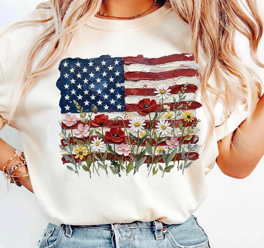 USA Painted Floral Flag Graphic Tee