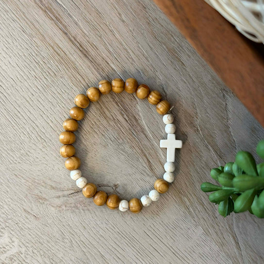 Wood & White Turquoise Cross Jewelry Junkie Bracelet