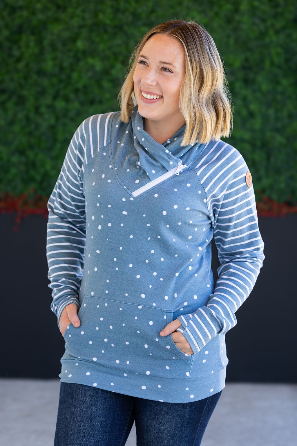 IN STOCK Zoey ZipCowl Sweatshirt - Teal Dots and Stripes