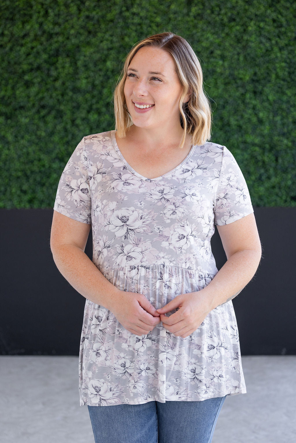 IN STOCK Sarah Ruffle Short Sleeve - Vintage Grey Floral