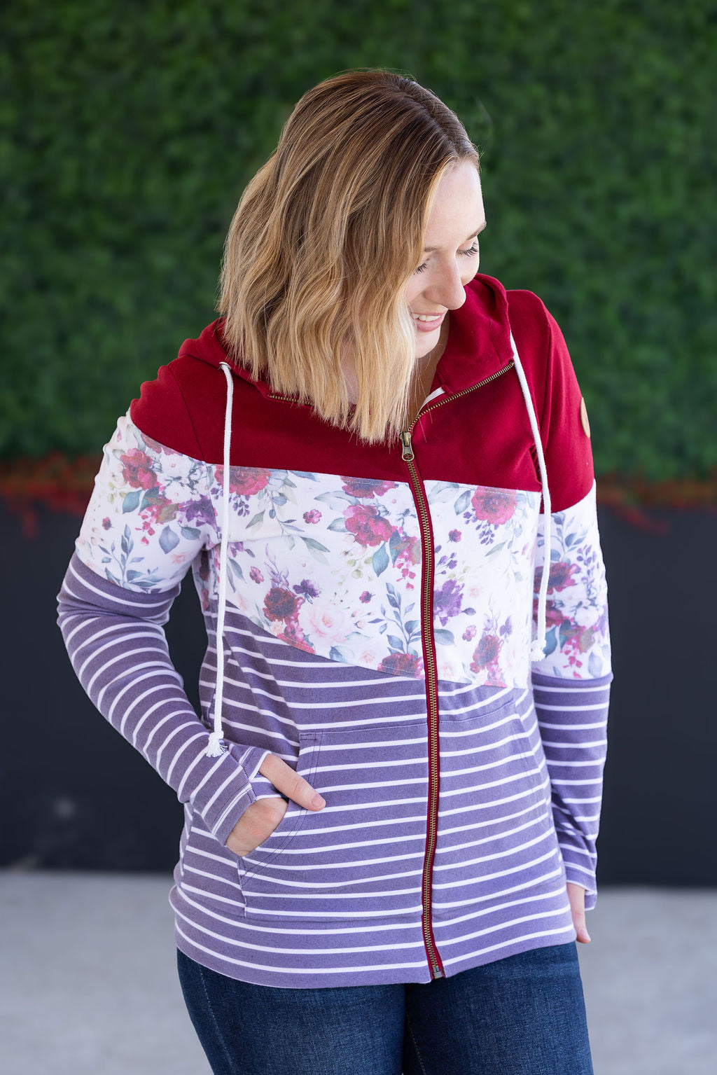 IN STOCK Colorblock Fullzip - Burgundy, Burgundy Bloom, and Plum Stripes FINAL SALE