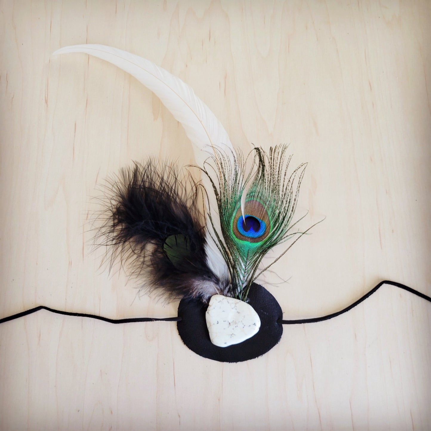 Peacock/White Feather & Turquoise on Leather Hat Band (Band Only) 953f