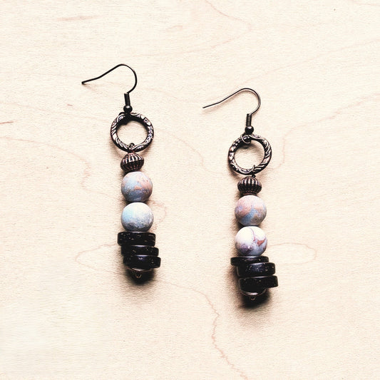 Frosted Aqua Terra and Wood Earrings (220f)