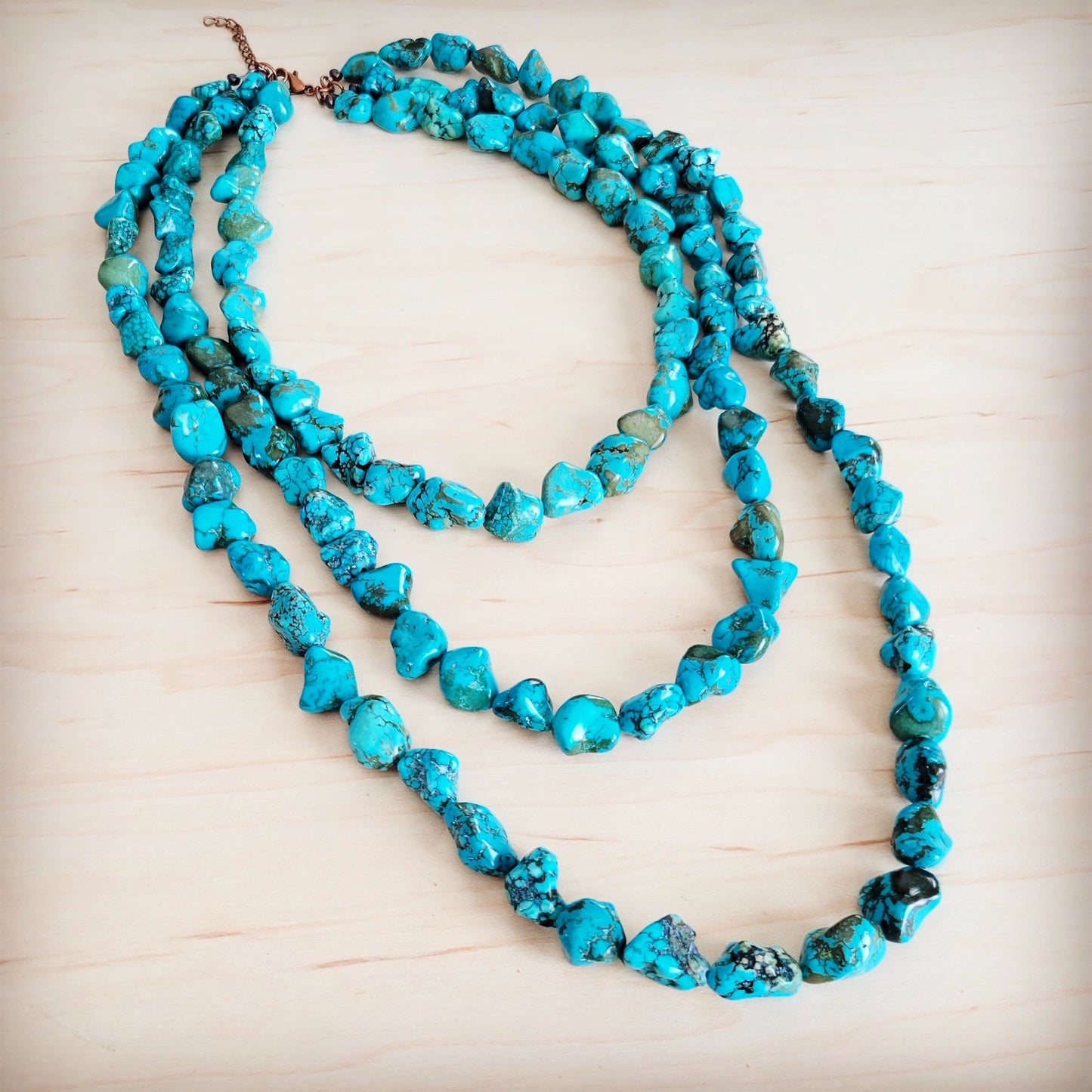 Genuine Blue Turquoise Triple Strand Necklace 259h