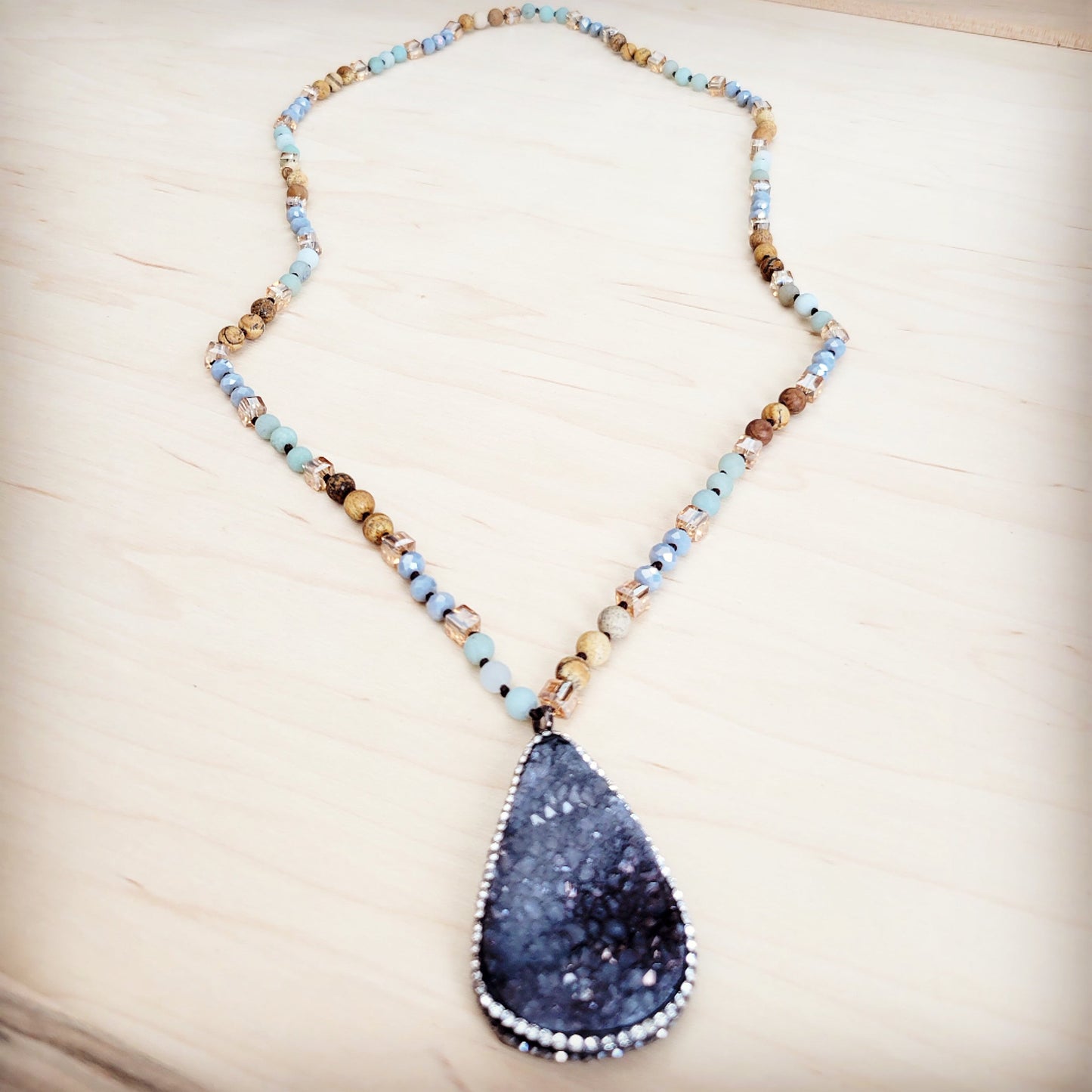 **Amazonite & Crystal Long Beaded Necklace w/ Druzy Pendant 262u