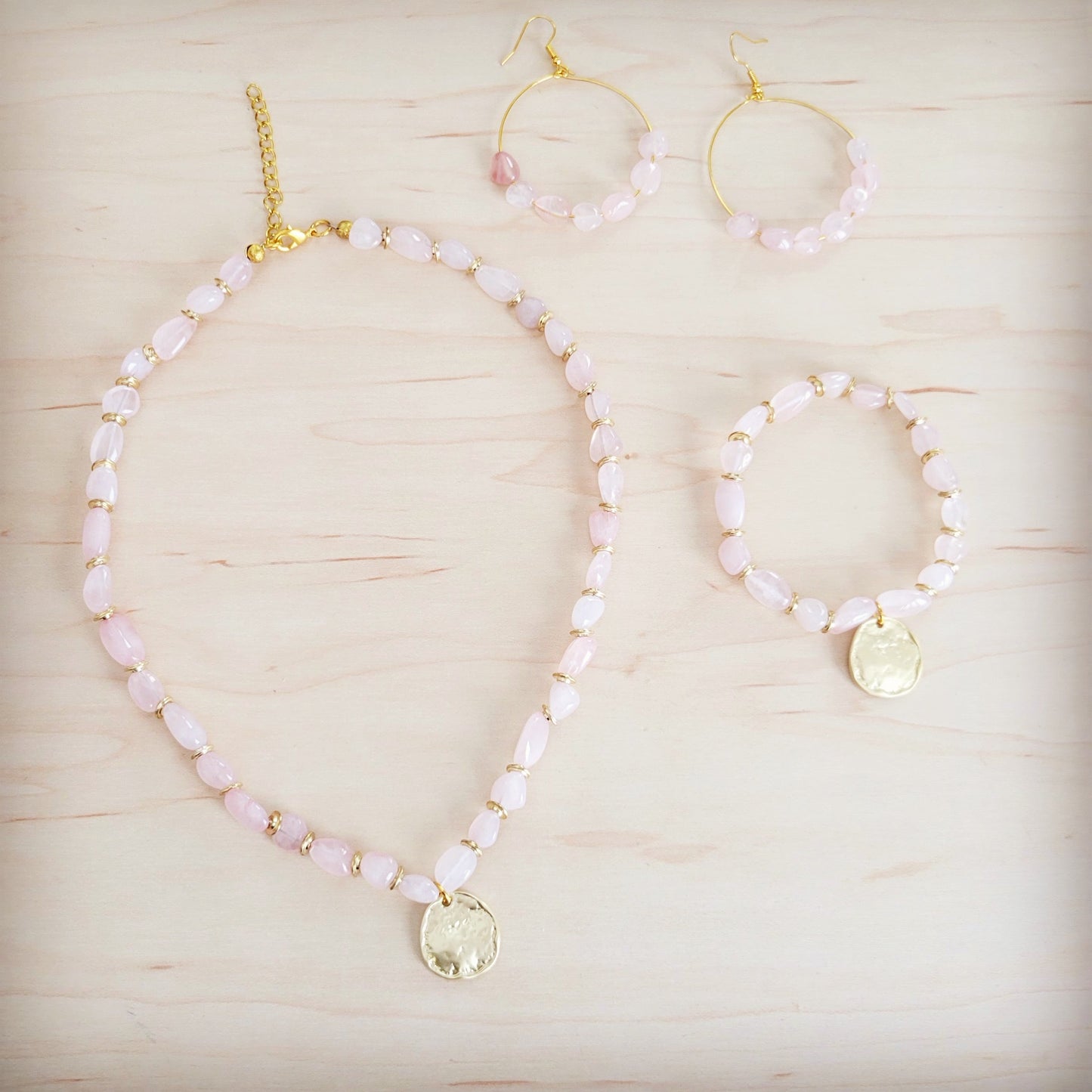 **Beaded Hoop Earrings- Genuine Natural Rose Quartz Stones 200bk