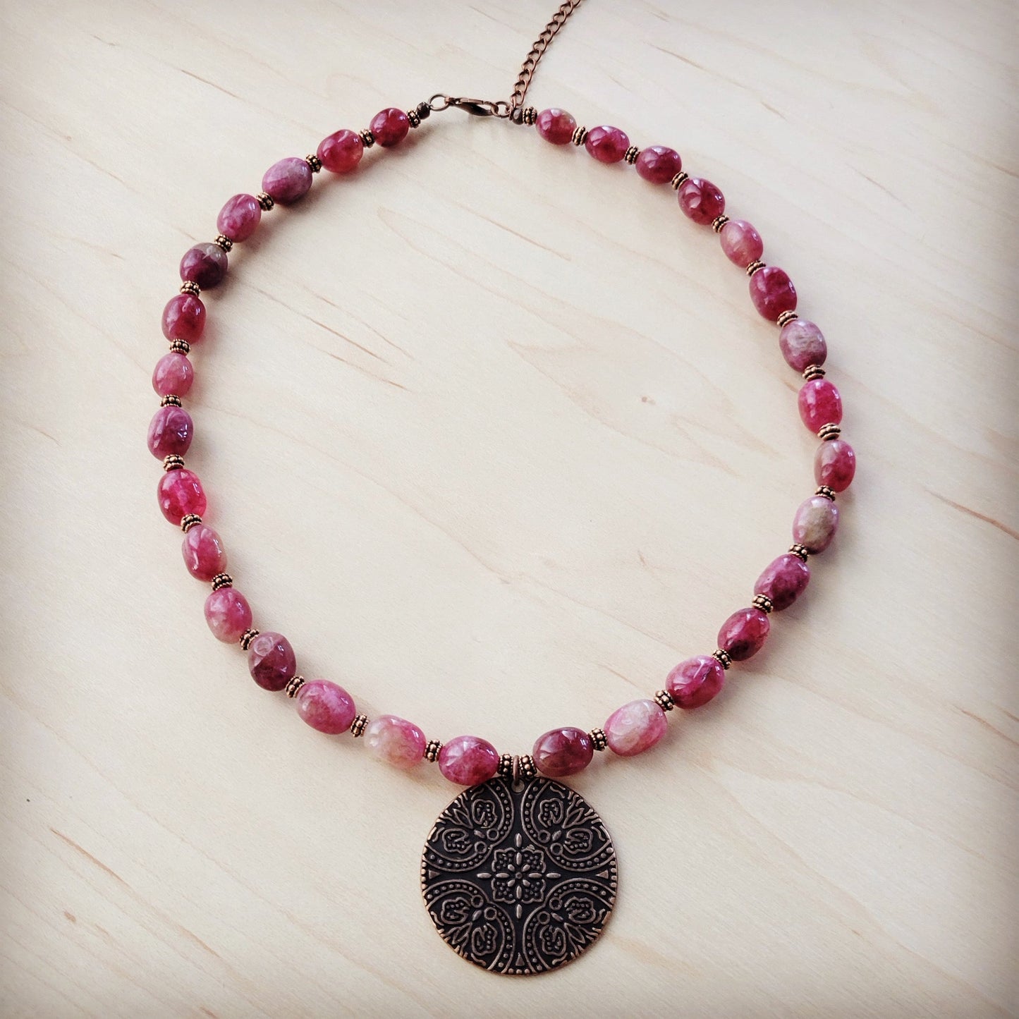 **Natural Pink Jade Beaded Collar Necklace w/ Scroll Pendant 261L