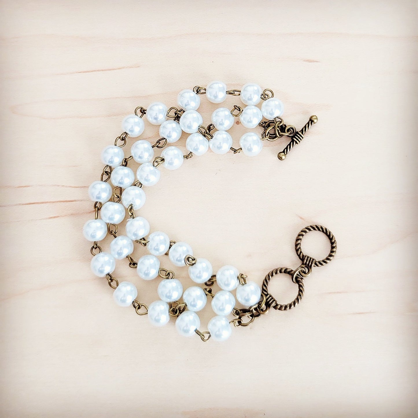 Pearl  & Copper Triple Strand Bracelet 804a