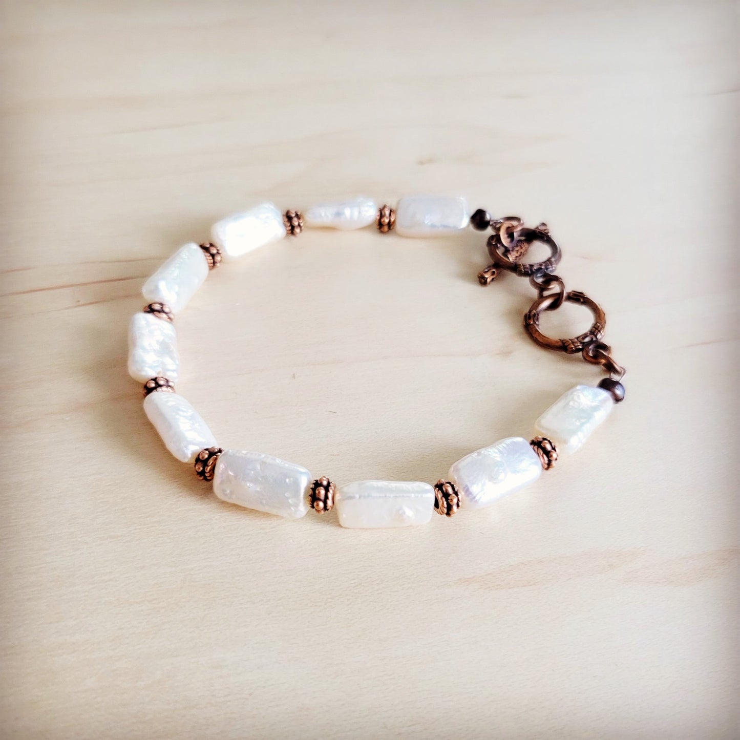 Genuine Rectangle Freshwater Pearl & Copper Bracelet 812c