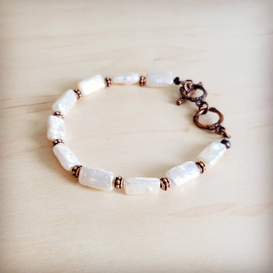 Genuine Rectangle Freshwater Pearl & Copper Bracelet 812c