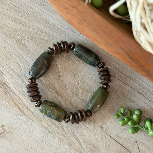 Barrel Shaped African Turquoise, Bronze and Wood Stretch Jewelry Junkie Bracelet