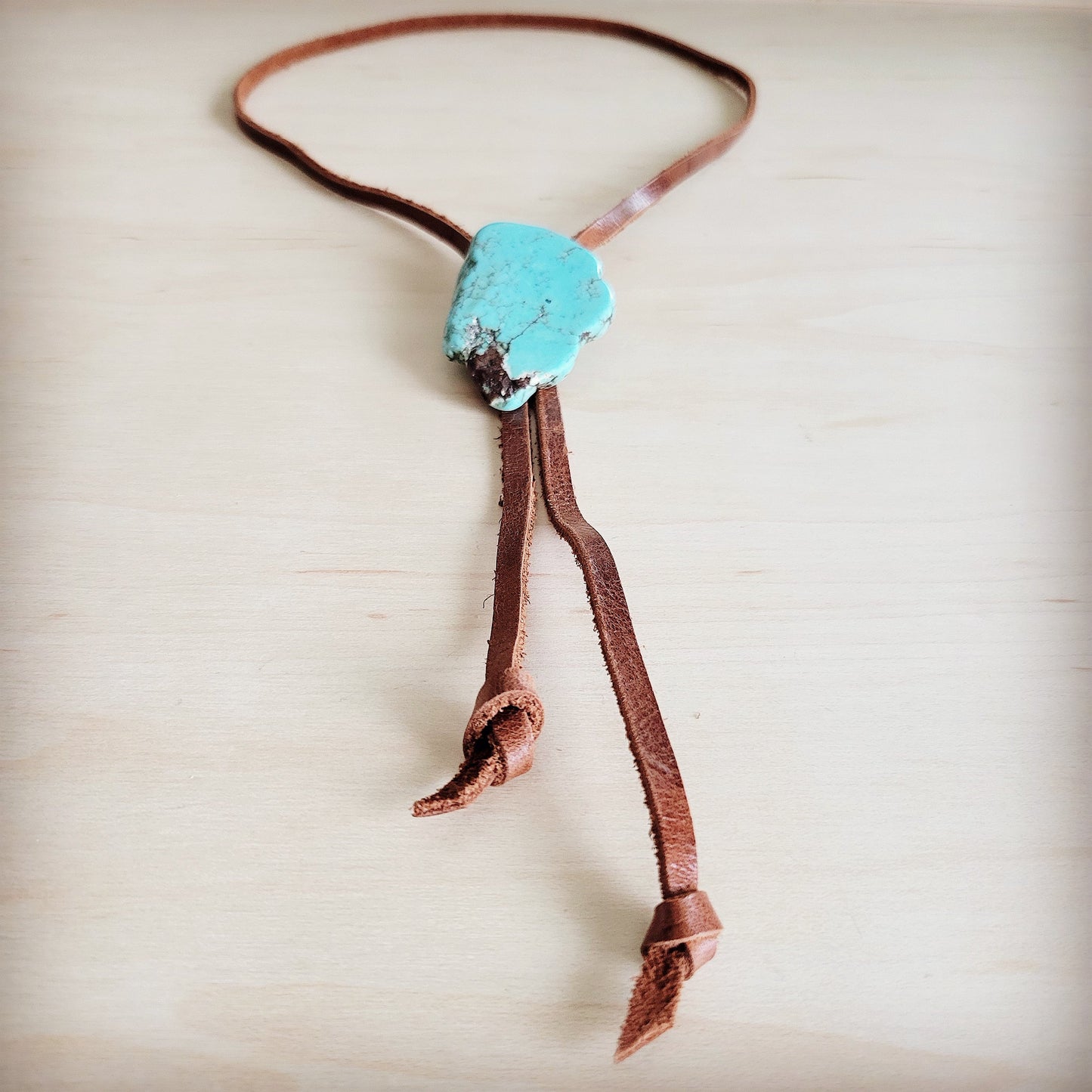 Leather Lariat Boho Necklace w/ Turquoise Slab Accent 263t