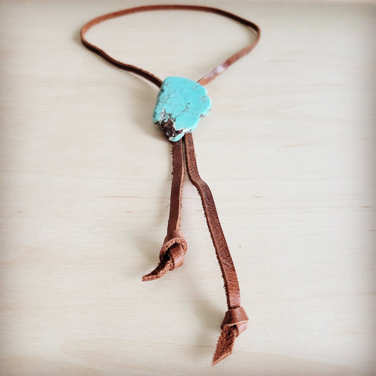 Leather Lariat Boho Necklace w/ Turquoise Slab Accent 263t
